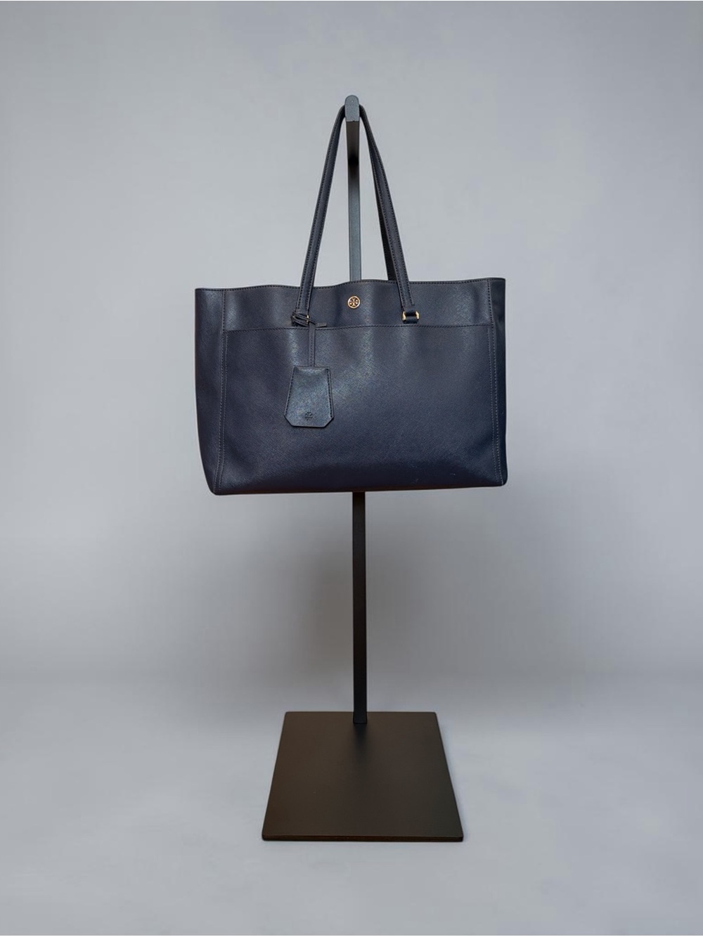 Navy Leather Tote Bag with Gold Accent